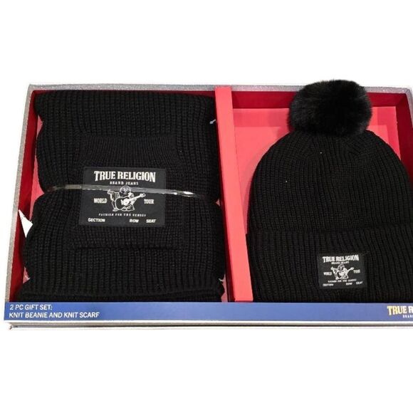 True Religion World Tour Logo Boxed Knit Pom Beanie & Pouch Scarf Set main image 4